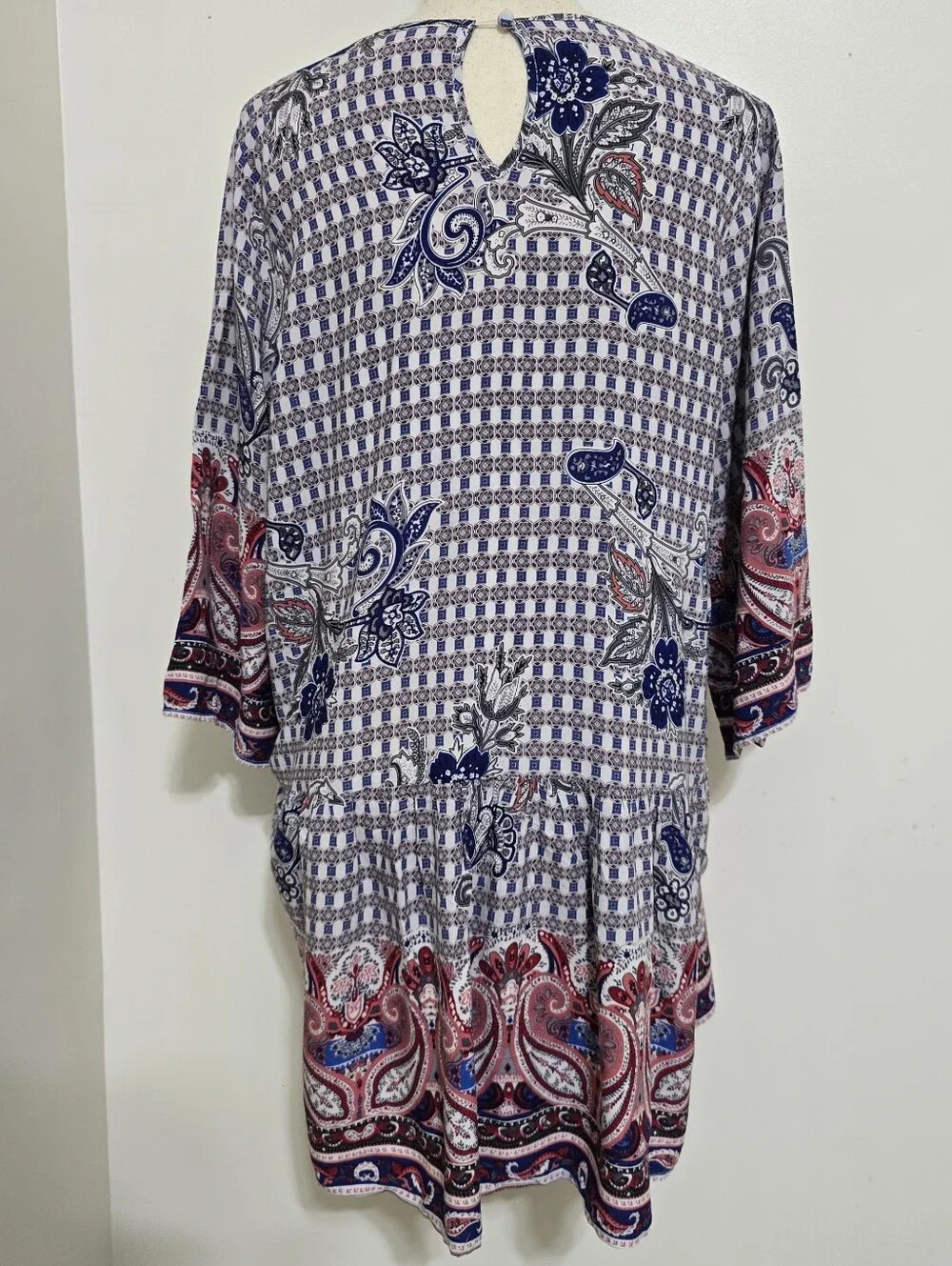 UMGEE size Large Boho Paisley V Neck 3/4 Sleeve Pocket Mini Dress Multicolor